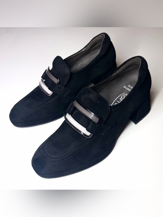 Softwaves Shoes - Softwaves Women’s Lina Heeled Suede Loafers Shoes Black Size - 37.5